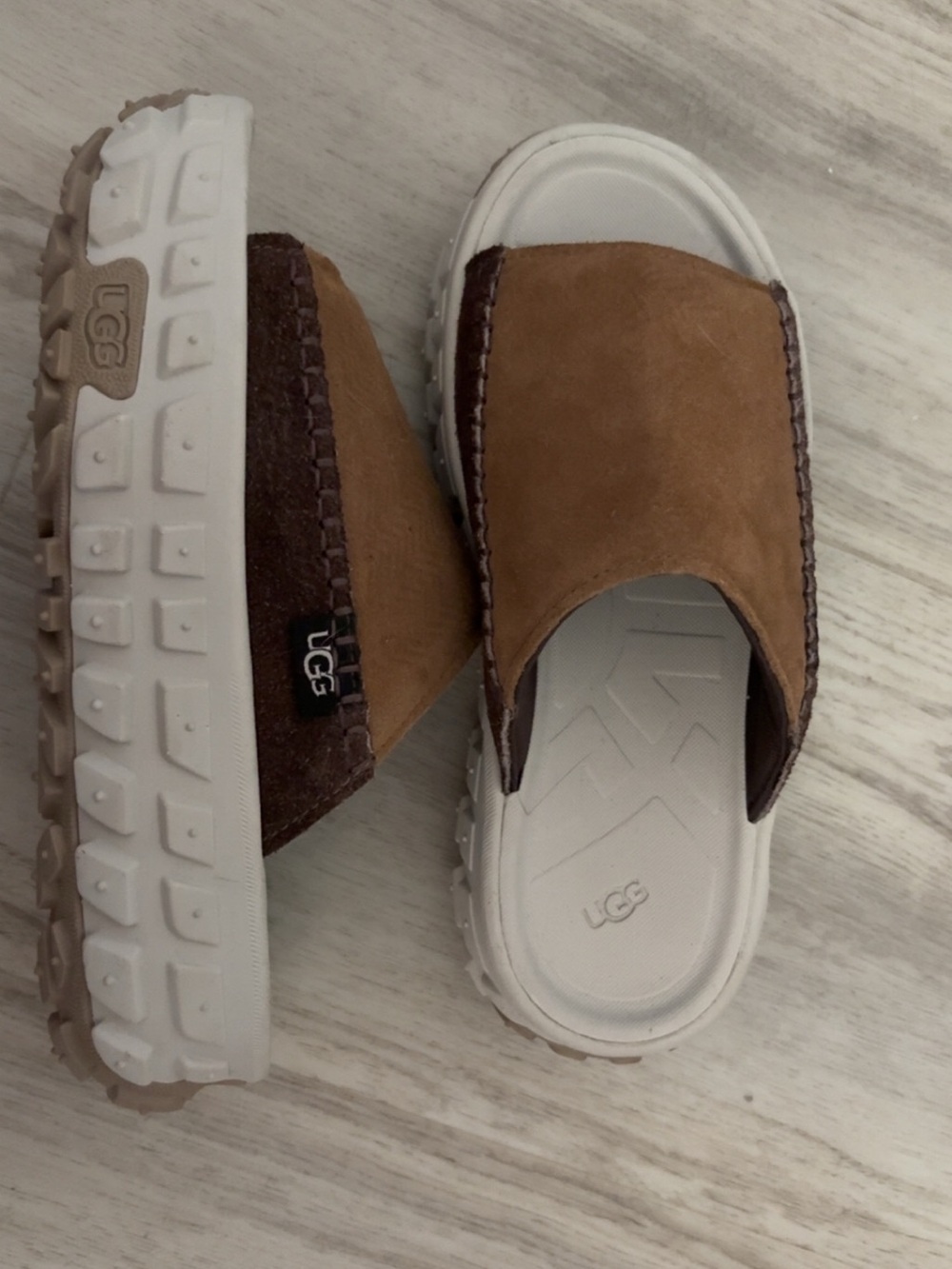 UGG Tan Suede Slide Sandals with White Sole